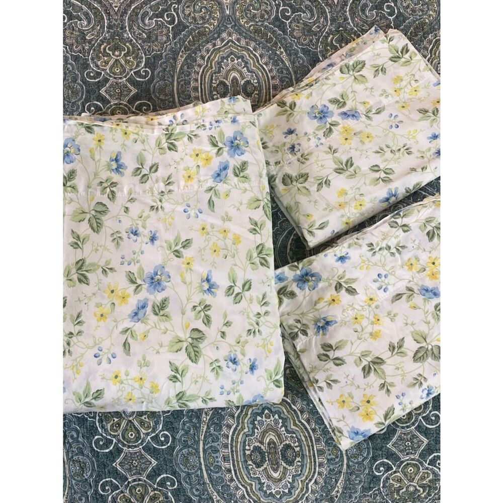 Laura Ashley Floral Pillowcases and Sheet Set in Blue, Yellow, Green on White